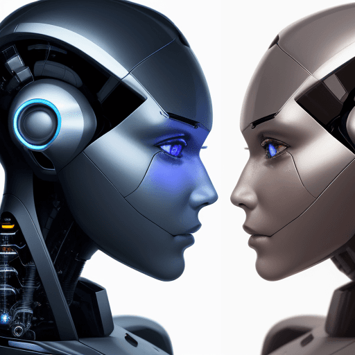 AI generated: Front view of the face of a half-human, half-machine robot with AI, with a side view of an AI-enhanc...