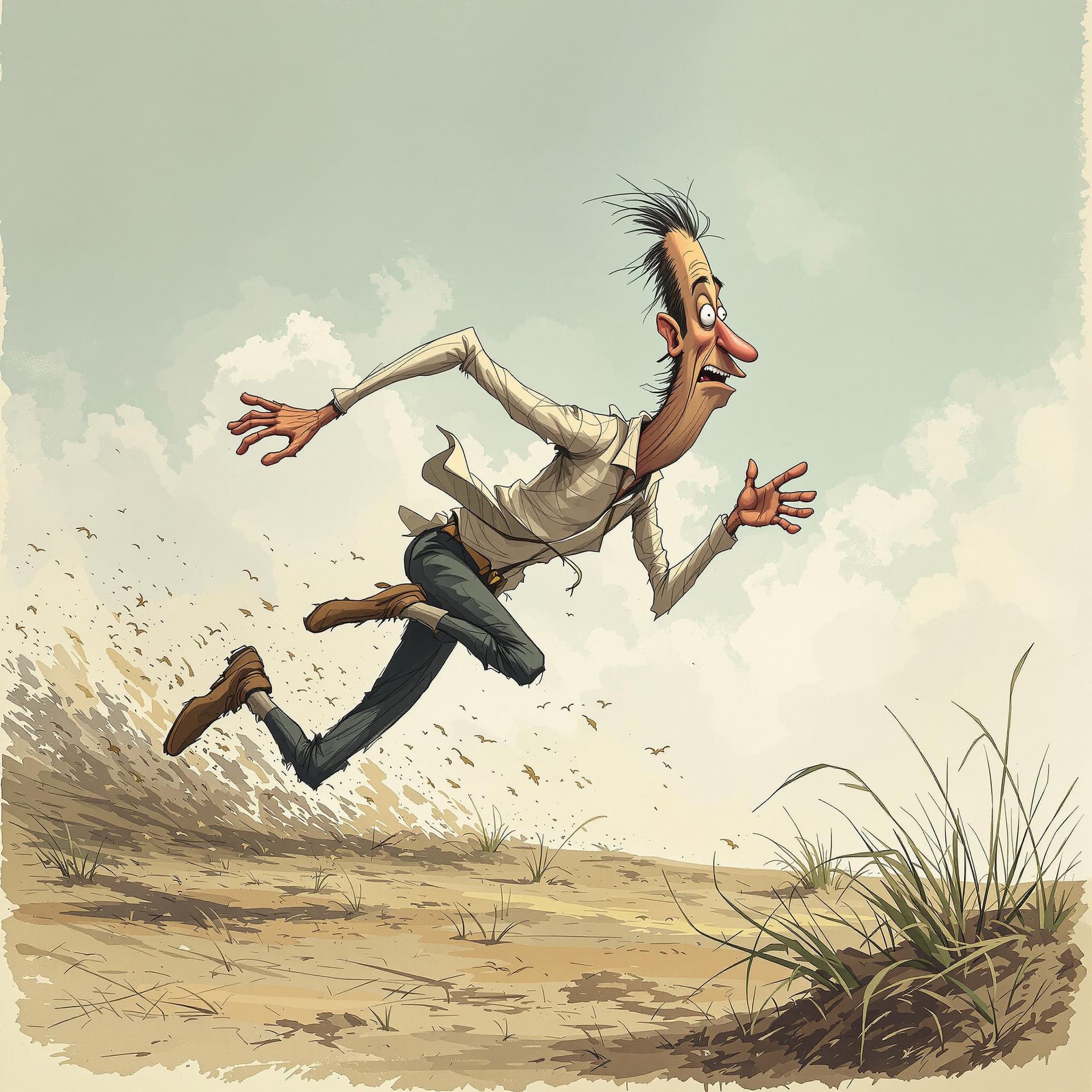 AI generated: Realistic caricature of a tall and thin man running away on all fours

