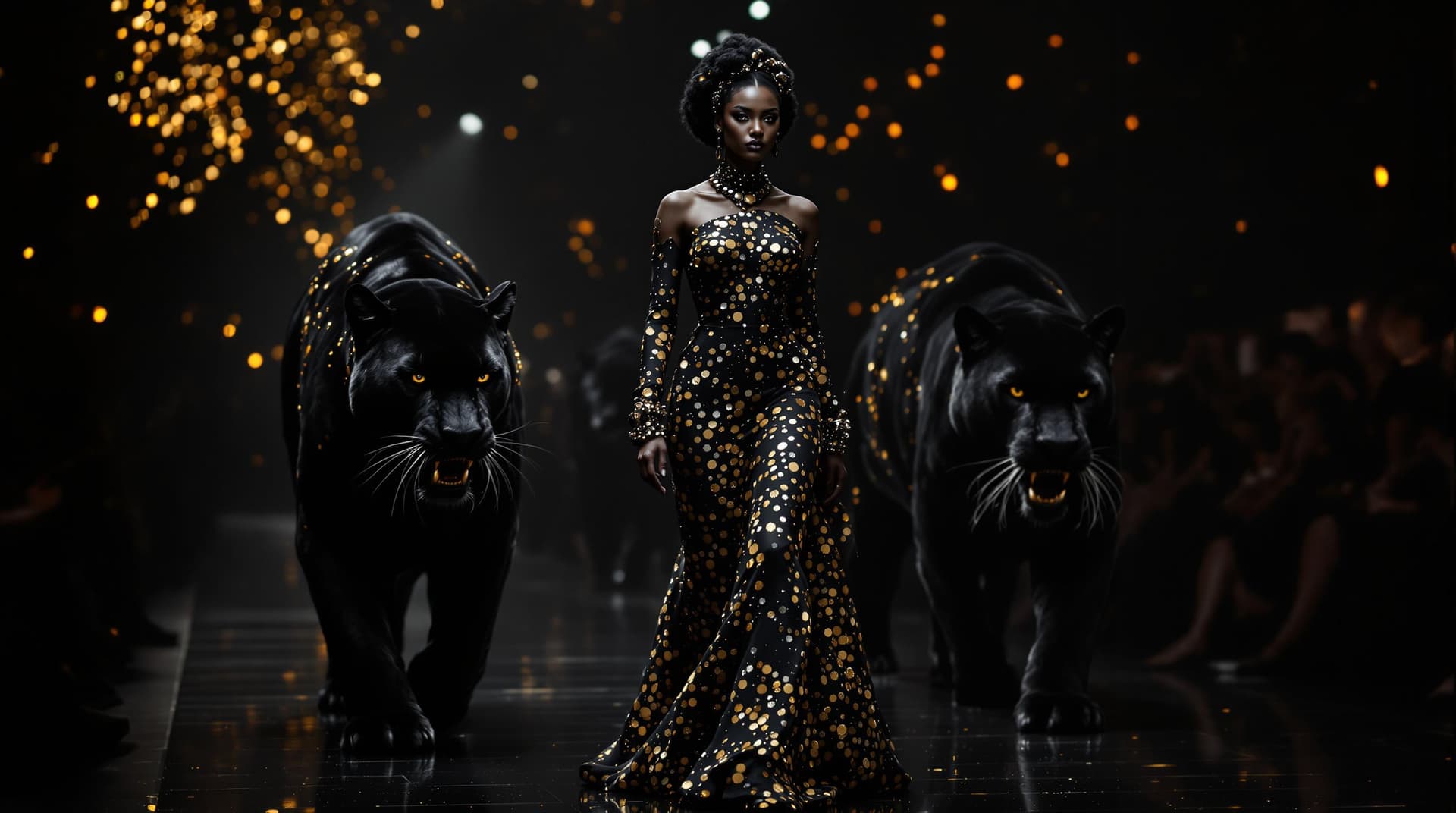 AI generated:  catwalk, fashion show, beautiful fashion model, walking with huge wild black panthers, on the sides...