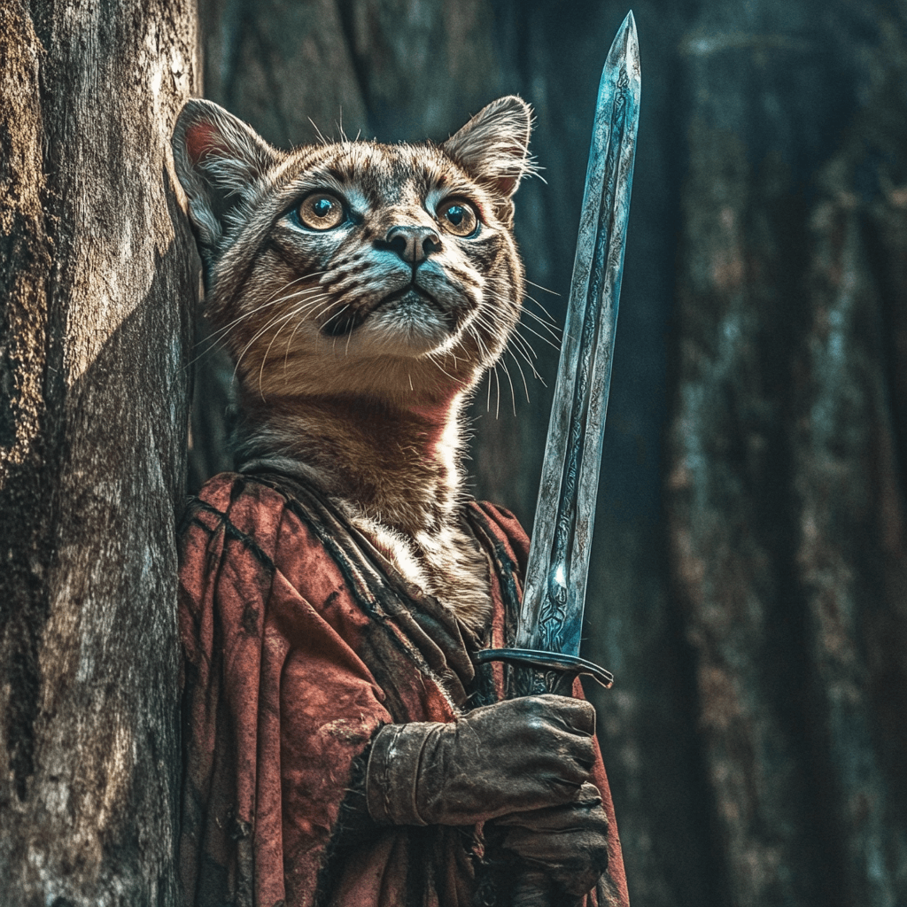 AI generated: Cosplay outfit, dark and grim interior design, Wild big cat, cosplaying as Game of Thrones, wielding...