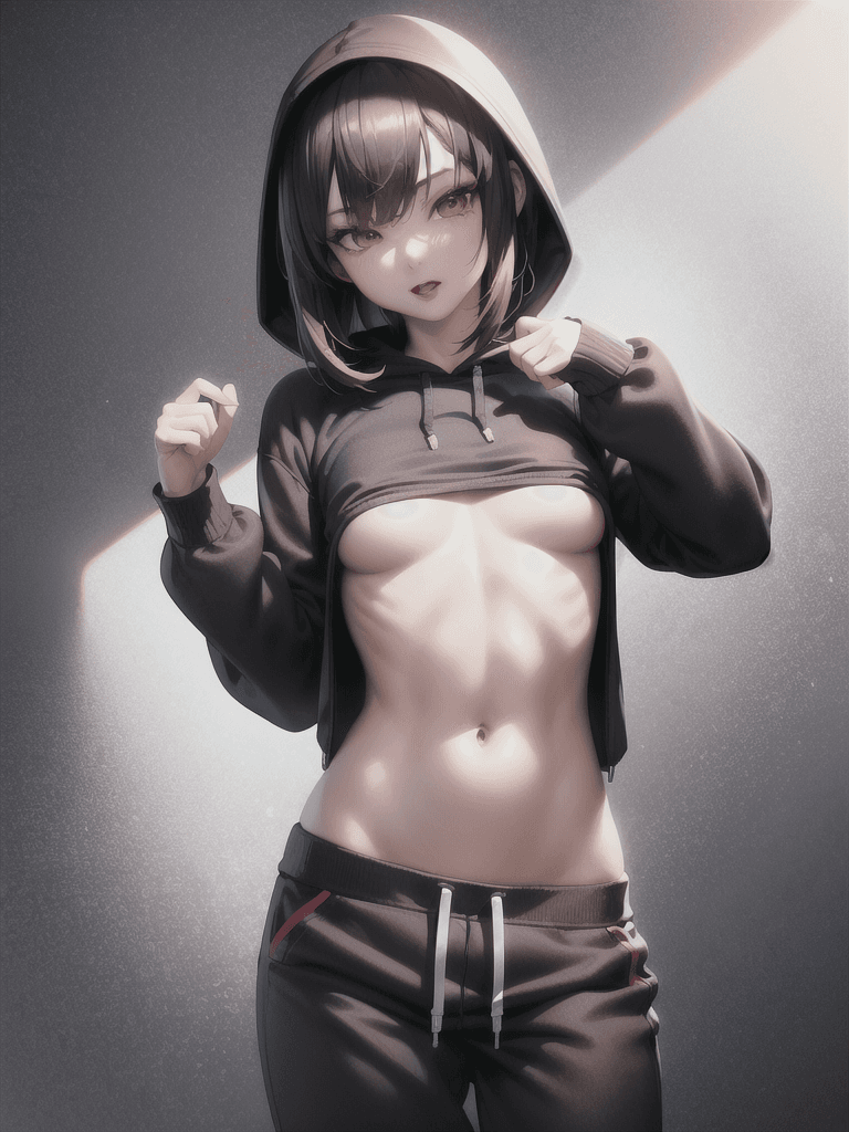 AI generated: 1 girl, beautiful Korean girl, (Cute Loose Bob hair), (wearing a cropped hoodie, capri sweatpants:1....