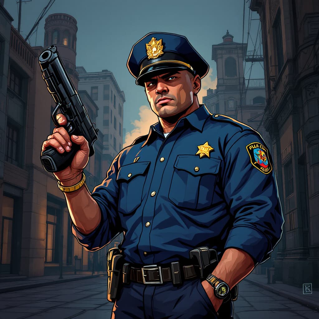 AI generated: Cartoon illustration of a man in a police uniform holding a gun and showing his full body, gta china...
