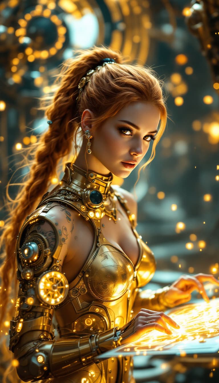 AI generated: An ultra-realistic, full-body action shot of a captivating gold artificer, radiating creativity and ...