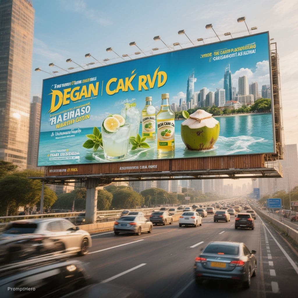 AI generated: A large billboard advertisement for ‘DEGAN CAK RVD’ is displayed above a busy city highway. The ad f...