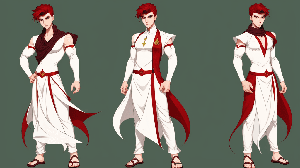 AI generated: cartoon Style, Young Male, White Arabic Dress, Red Eye, Dark Red Hair, Sharp Nose, Right Side Shot, ...