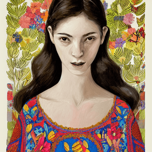 AI generated: Barcelona woman, portrait of an artsy woman, avangarde, unique, happy, artistic soul, nature, plants...