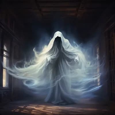 AI generated video: A ghostly apparition floats menacingly toward the camera in a shadowy, mist-filled void, the camera ...