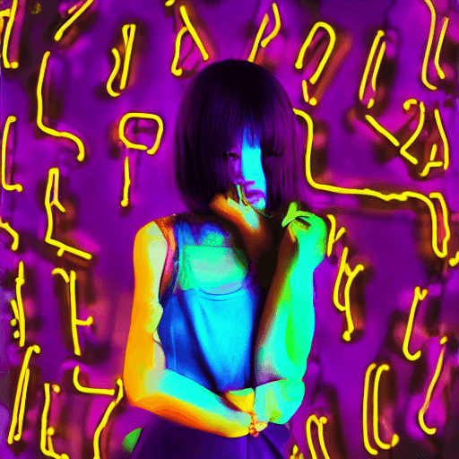 AI generated: a girl in a purple top in a neon city, in the style of chinapunk, iconic album covers, soft-focus po...