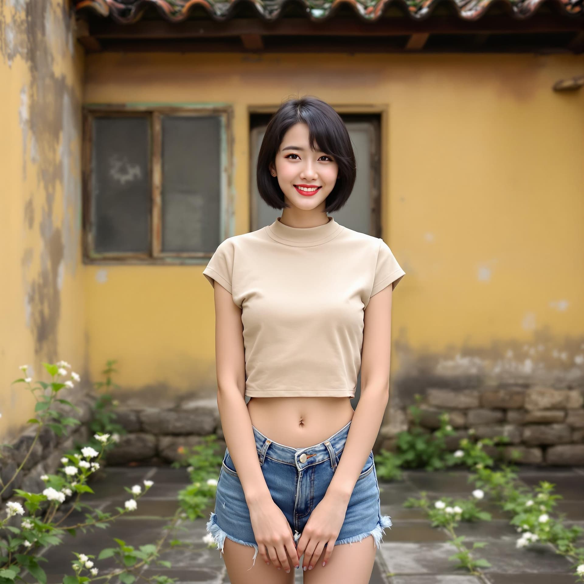 AI generated: A young East Asian woman with short black hair, delicate facial features, and a soft smile; wearing ...