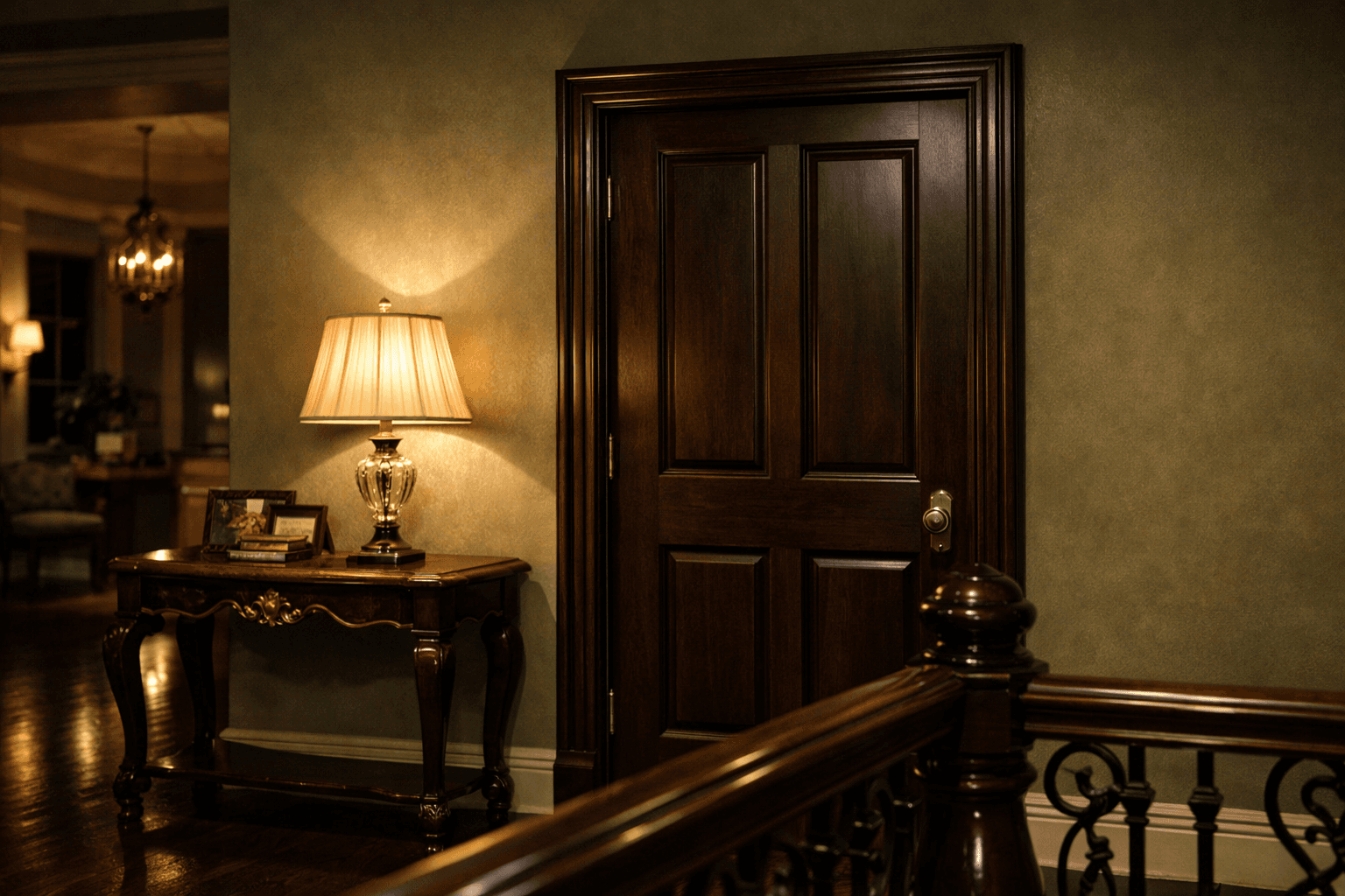 AI generated: At night at a beautiful and luxurious house, on the second floor.

The view is the outside of a bedr...