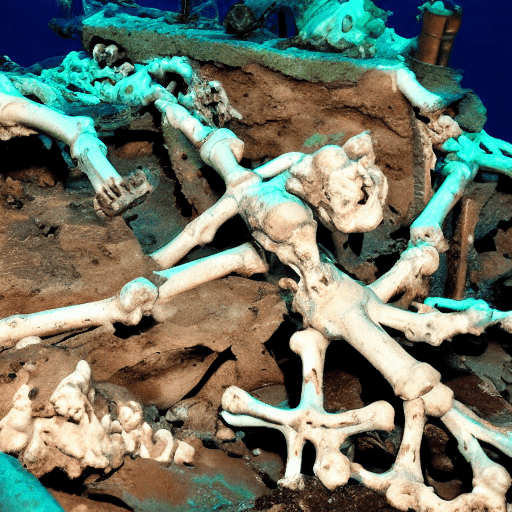 AI generated: bones, deep underwater, submarine, lights from submarine looks on bones