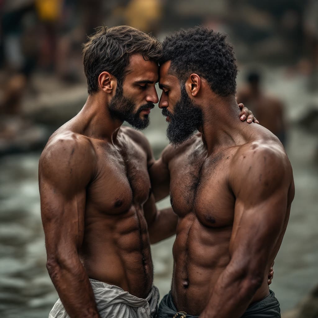 AI generated: a portrait of two  Indian men together, Emmanuel Macron and Chidi Anagonye, in India, Varanasi, at t...