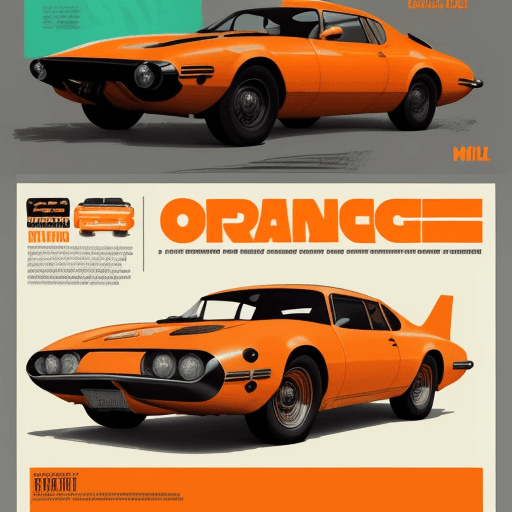 AI generated: highly detailed infographic poster of orange retrofuturism car on mint background found in popular m...