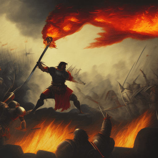 AI generated: an enraged strong male warrior fighting with a flaming sword in the midst of a large medieval battle...