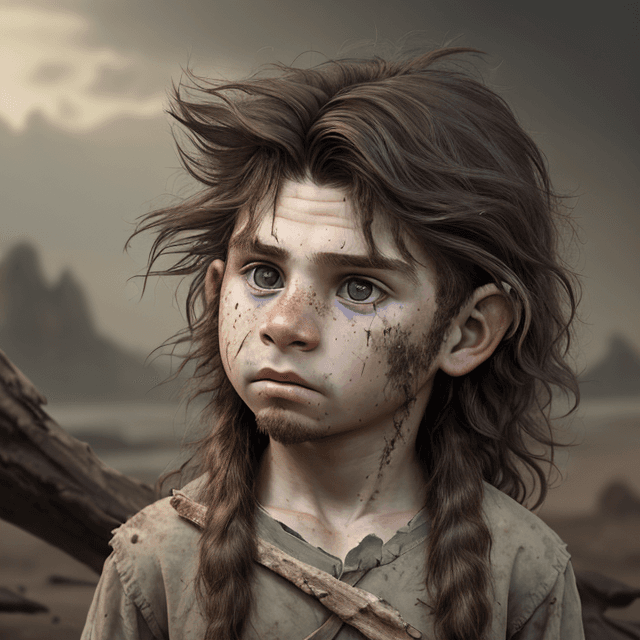AI generated:  the face of a young prehistoric boy, long disordered and dirty hair, frontal  view, 8k