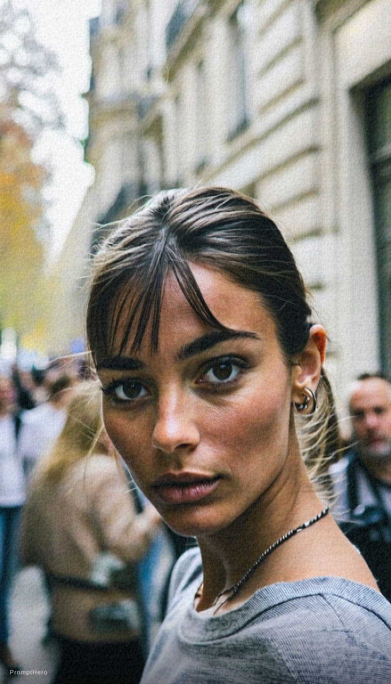 AI generated: Paparazzi-style extreme close-up photo of a woman with striking facial features, caught off-guard wh...