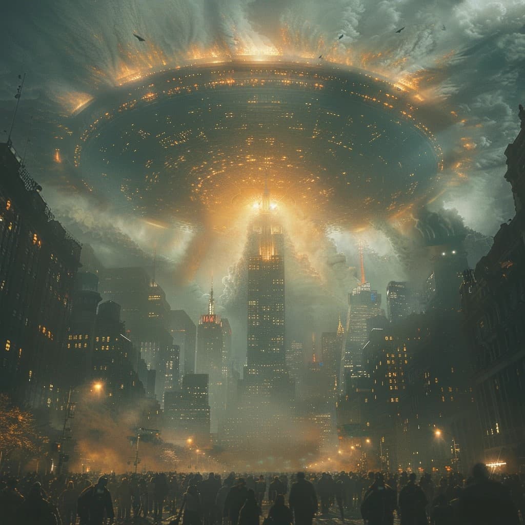 AI generated: 
A photo of New York city, in the clouds a massive alien spaceship looms over the city. Crowds of p...