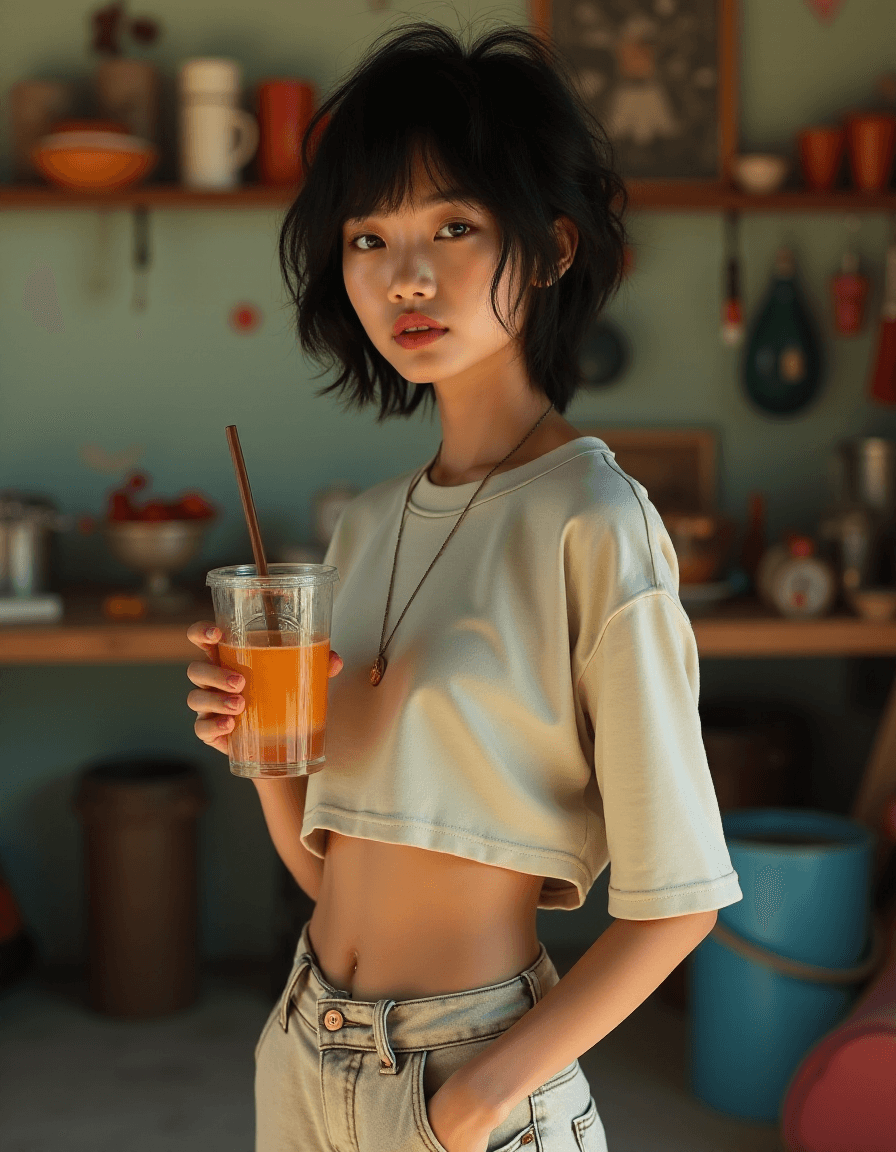 AI generated: High fashion half body photo of a young asian female supermodel, very thin, small breast, flat chest...