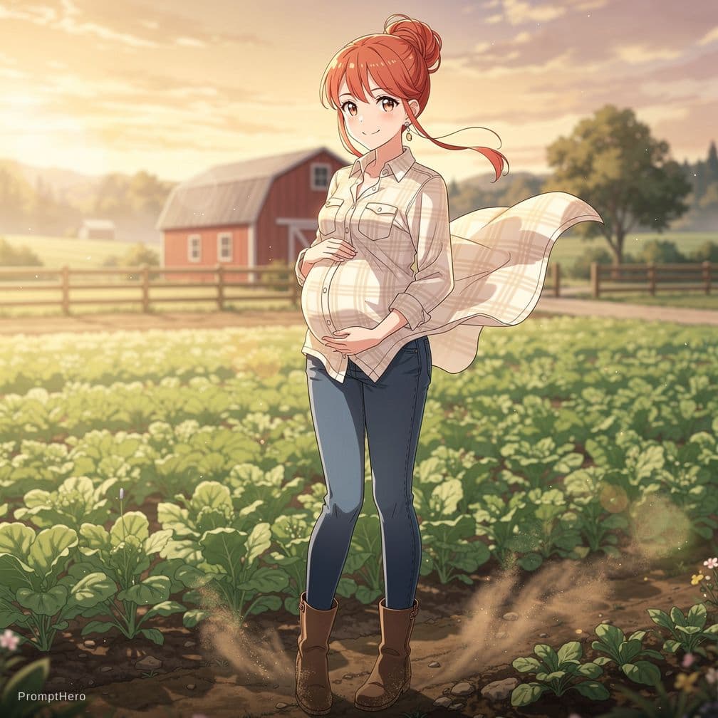 AI generated: curvy, pregnant, woman, big boobs, red hair, hair in bun, smile, plaid shirt, open shirt, nipples, j...