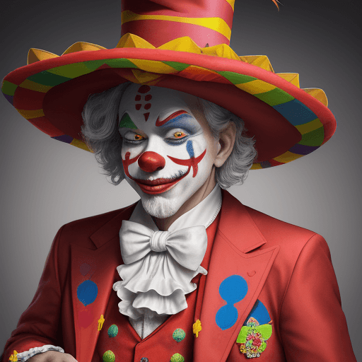 AI generated: La imagen muestra a un viejo payaso malvado rococó con un sombrero colorido y un traje con una chaqu...