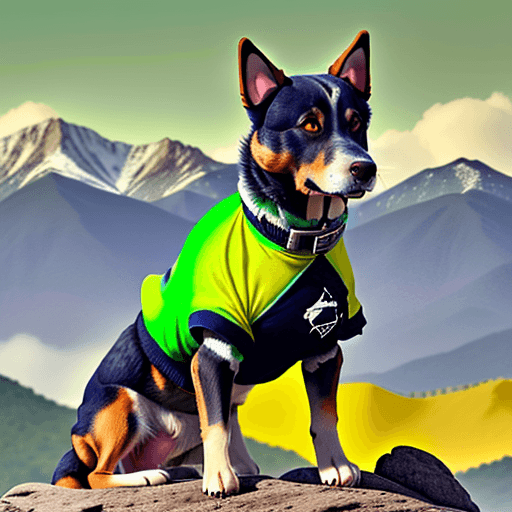 AI generated: PERRO ELEVANDO COMETAS EN UN PAISAJE CON MONTAÑAS VERDES AL FONDO, EL PERRO TIENE CAMISA MORADA Y PA...