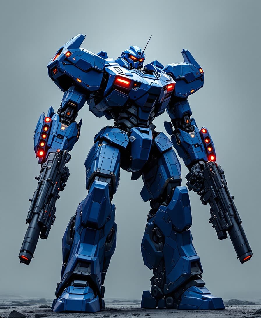 AI generated: giant blue mech robot with red lights on its armor, equipped with a powerful gun in each hand, impos...