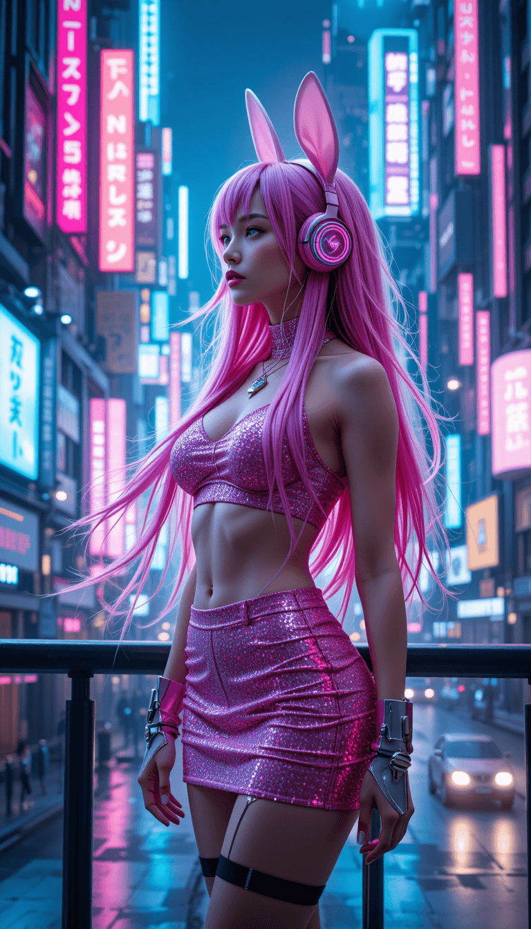 AI generated: A futuristic cyberpunk girl with a full-body reveal, posing in a dystopian cityscape, her long, flow...