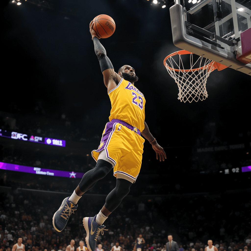 AI generated: Lebron James dunking a basketball, , dressed in LA Lakers Uniform, realistic perspective, surreal re...