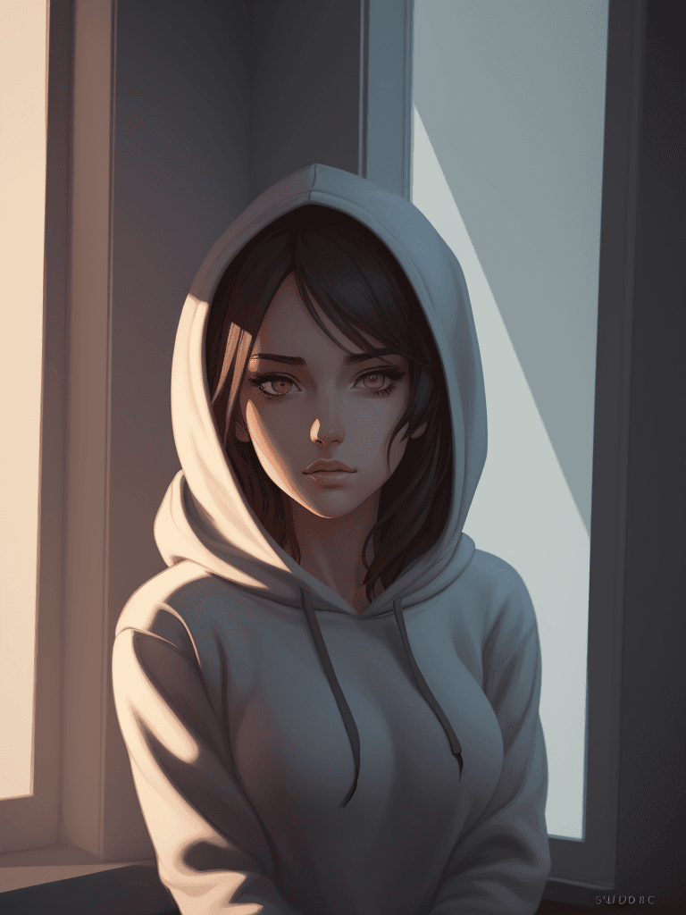 AI generated: half body portrait of a beautiful girl by a window, hoodie, dynamic lighting, shadows, sultry, anime...