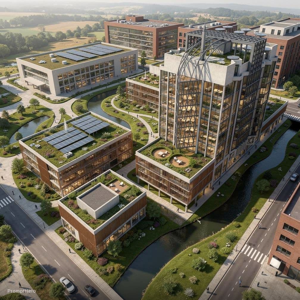 AI generated: An architect's visualization of an 'Eco-Innovation Industrial Office Park' concept. The image is a d...