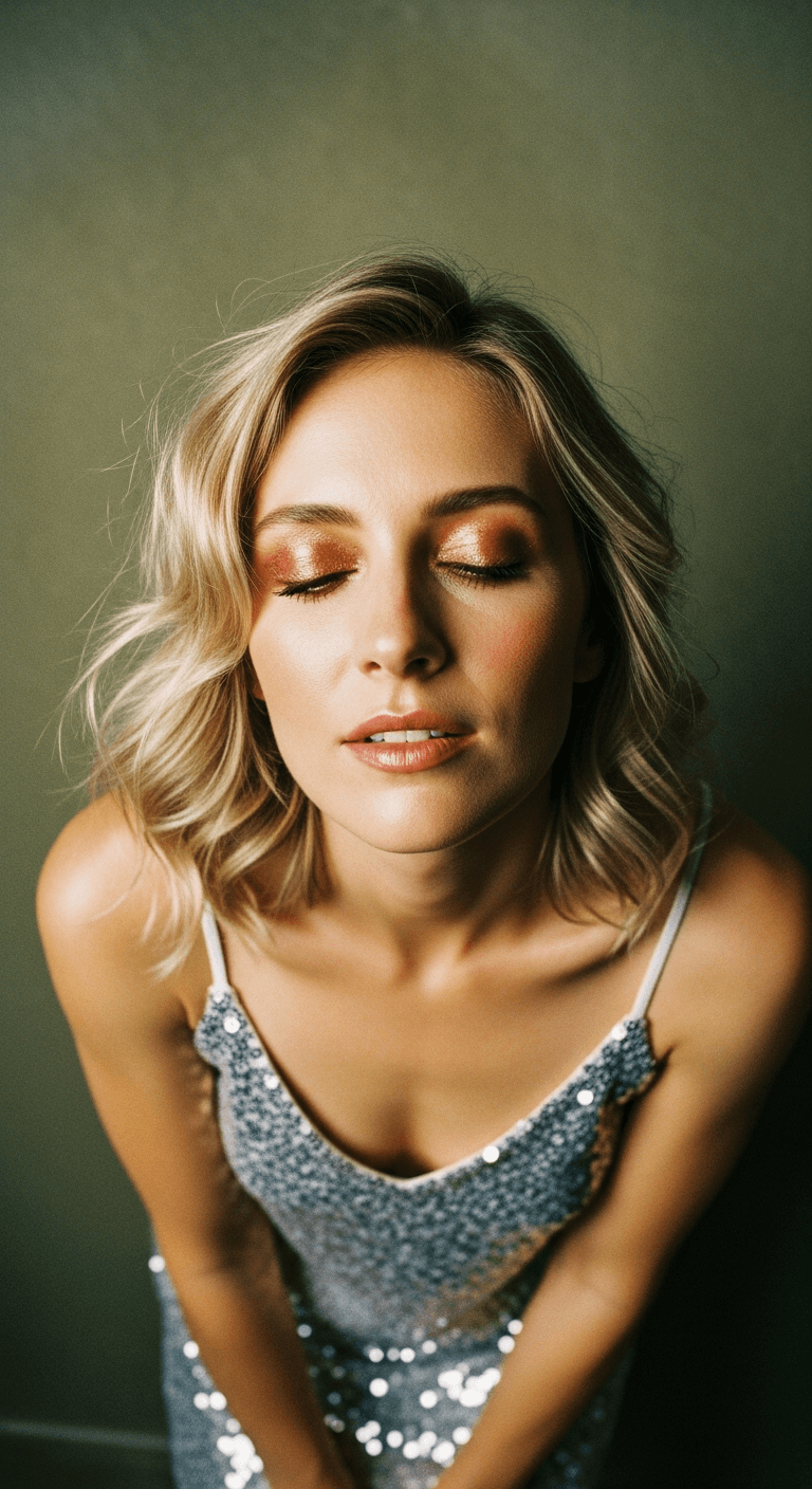 AI generated: A high-quality 35mm film photograph of a woman with a blonde wavy bob leaning forward toward the cam...