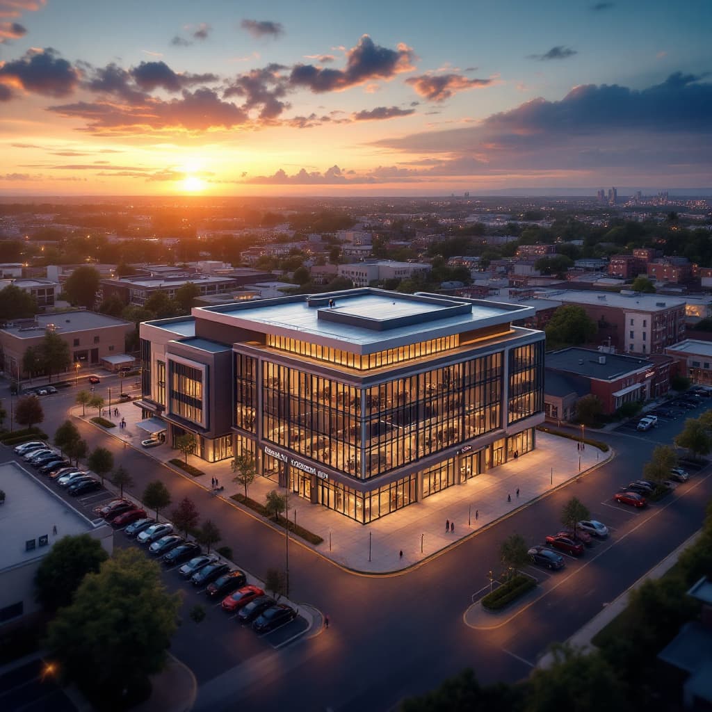 AI generated: high-end commercial building with a new flat roof - ultra realistic photograph. beautiful sky and sm...