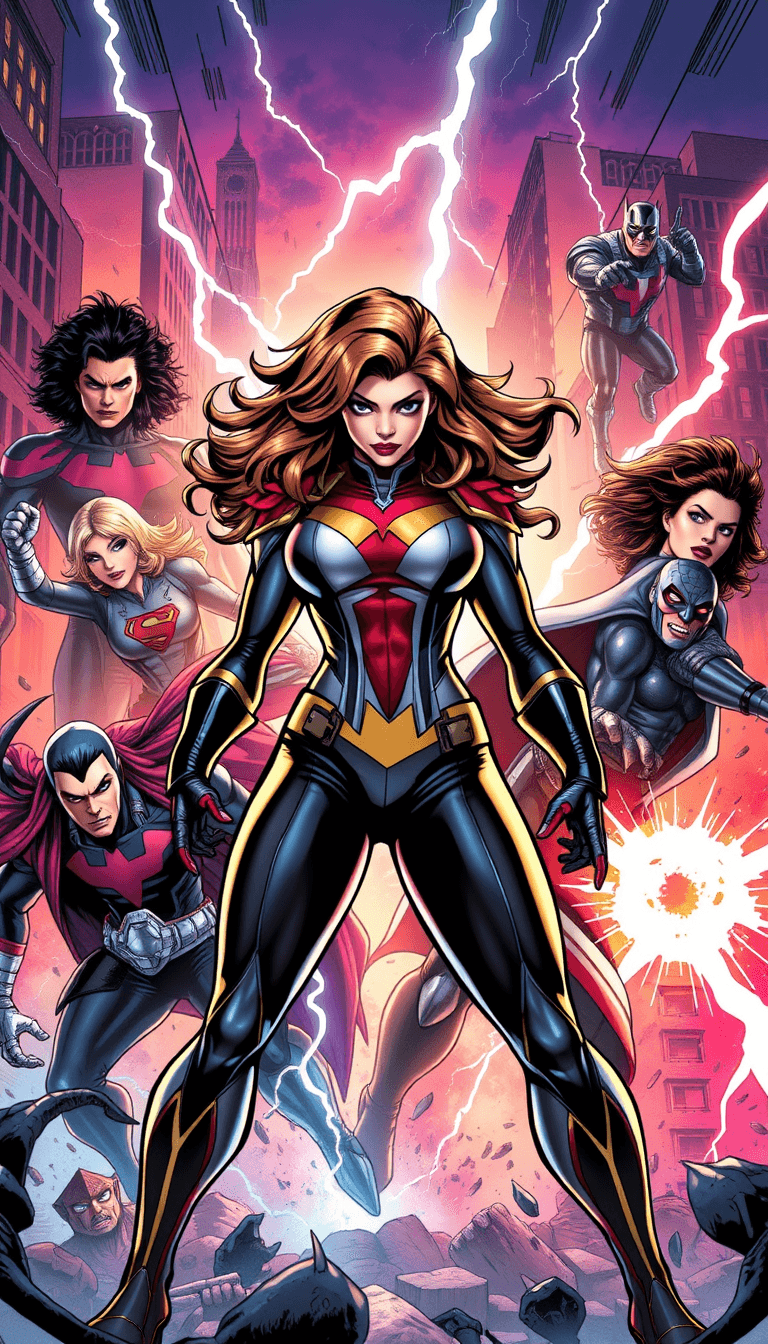 AI generated: Design a powerful comic scene in Marvel style, featuring a fierce female hero in the center. She sho...