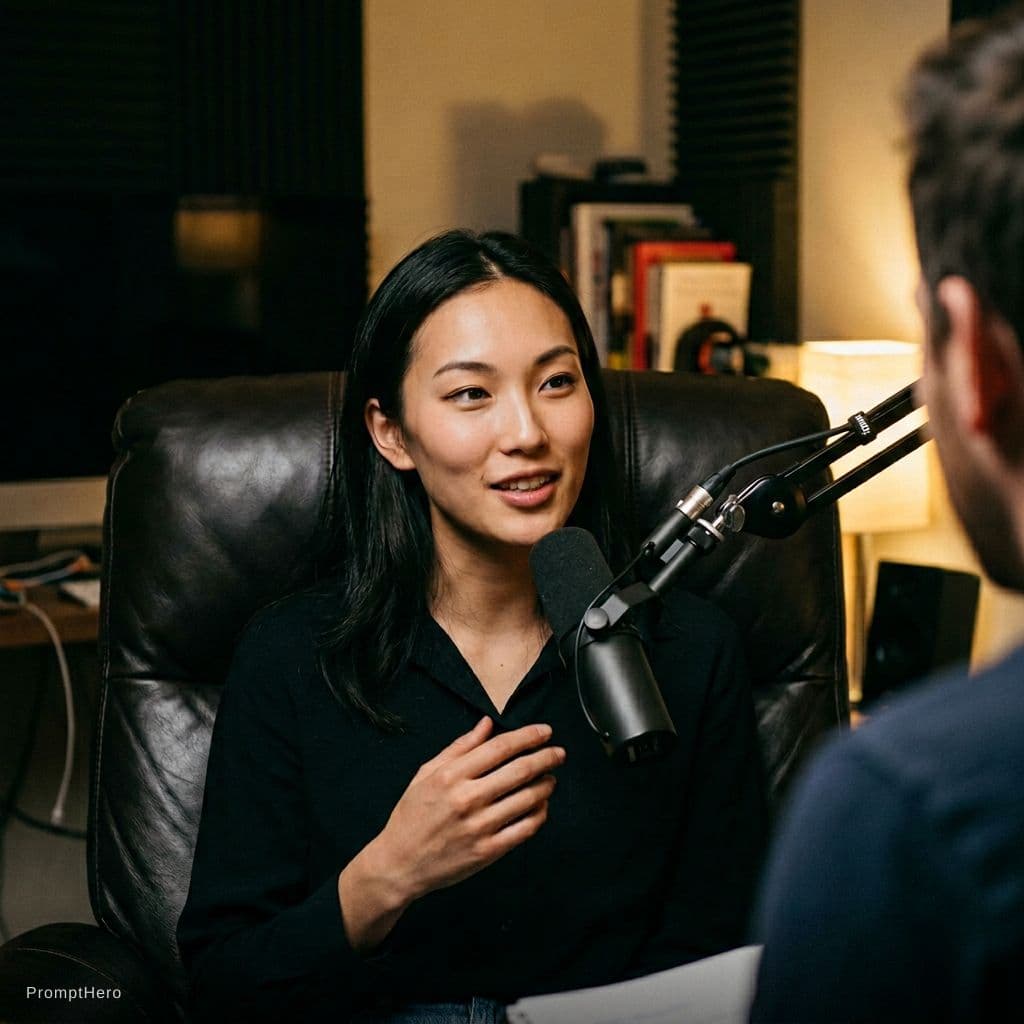 AI generated: Take the face from the input picture. A real candid late-night podcast recording moment, intimate an...