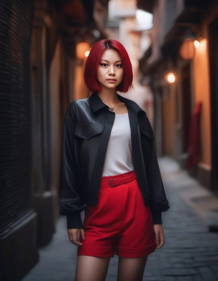 AI generated: assassin, beautiful woman, red Bob hairstyle, dark baggy clothes, thin body, confident pose, Full bo...