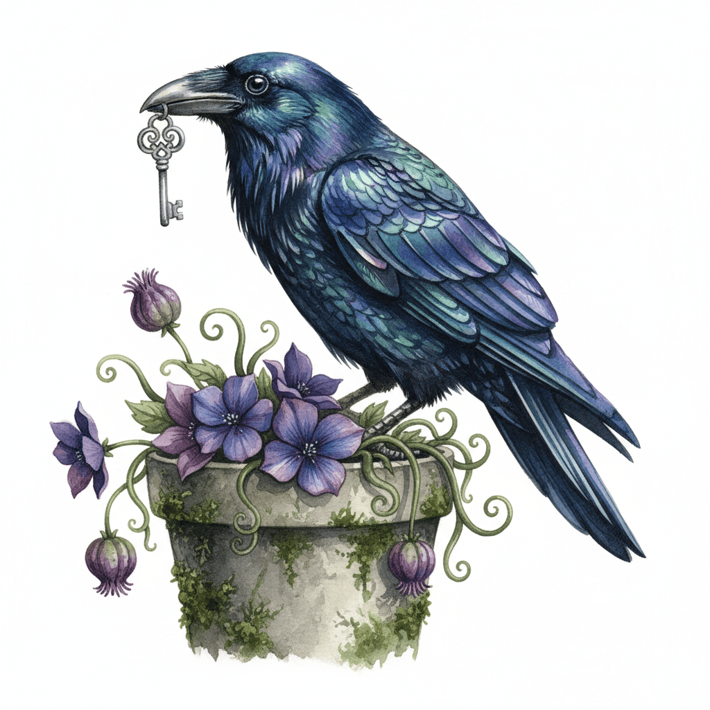 AI generated: A striking, realistic watercolor painting of a raven with glossy, iridescent feathers shimmering in ...