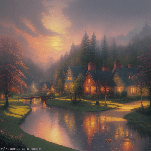 AI generated: Thomas Kinkade style watercolor painting of a beautiful village in the middle of an enchanted forest...