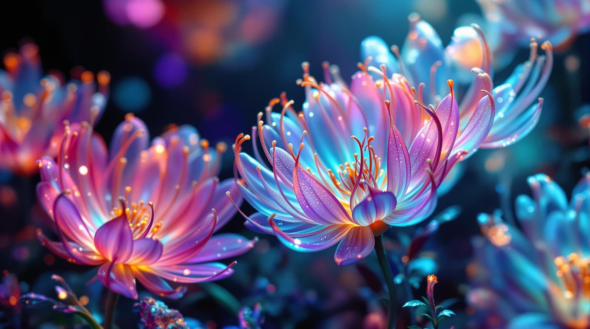 AI generated:  fictive 3d flowers bed close up from a dynamic, Unexpected angle, with a sea anemone shape, translu...