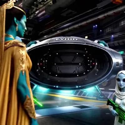 AI generated video: Inside a vast, dimly lit futuristic alien landing bay, a small group of blue-skinned alien figures s...