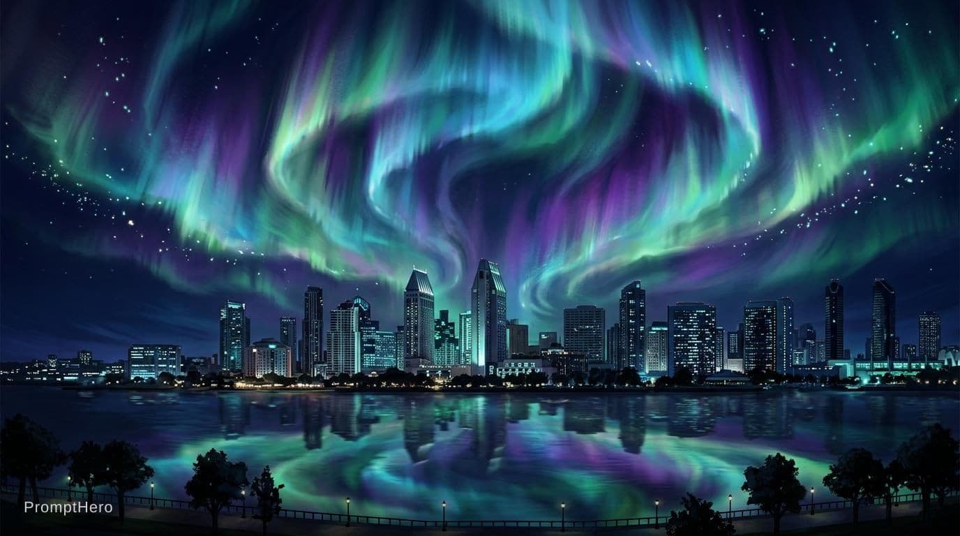 AI generated: A stylized, high-fidelity illustration of the city skyline from image_0.png. The deep-night sky, whe...