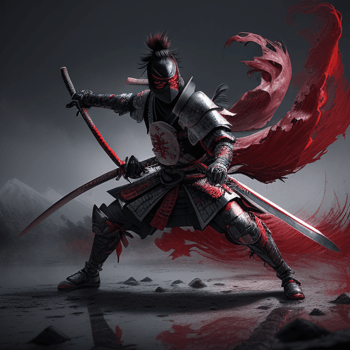AI generated: a masked mystical samurai in action against enemies with his mystical katana in a grim battle,star d...