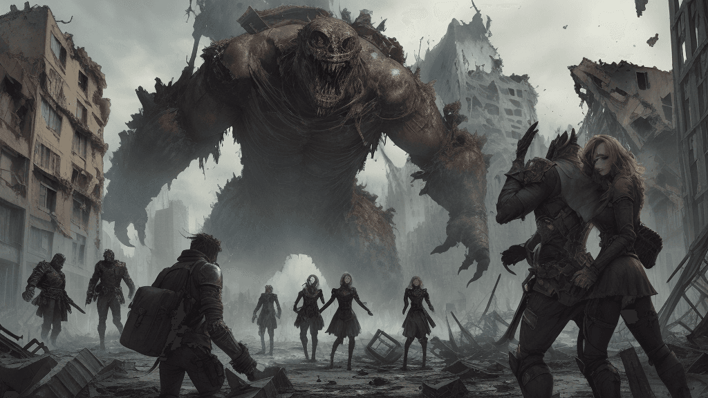 AI generated: They stumble upon a destroyed city, filled with remnants of the battle and the remains of the monste...
