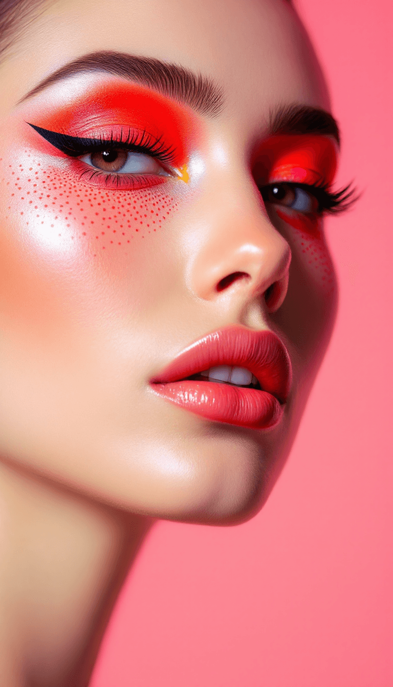 AI generated: closeup side angle photo of a model with gorgeous bright neon dotted red eye makeup and thick black ...