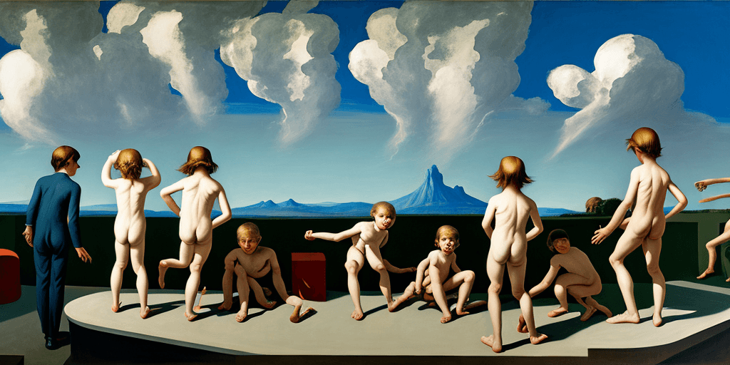 AI generated: neo rauch, edward hopper, david hockney, children playing on rooftop, people looking to horizon, epi...