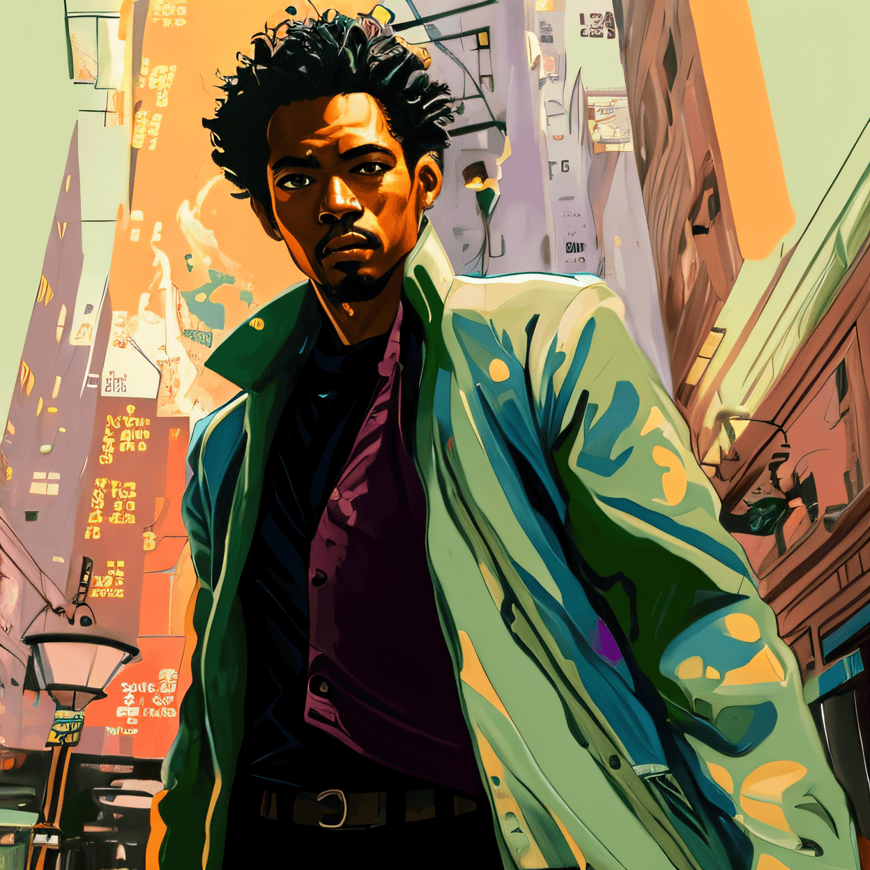 AI generated: painting of a man in a green jacket walking down a city street, inspired by F Scott Hess, inspired b...