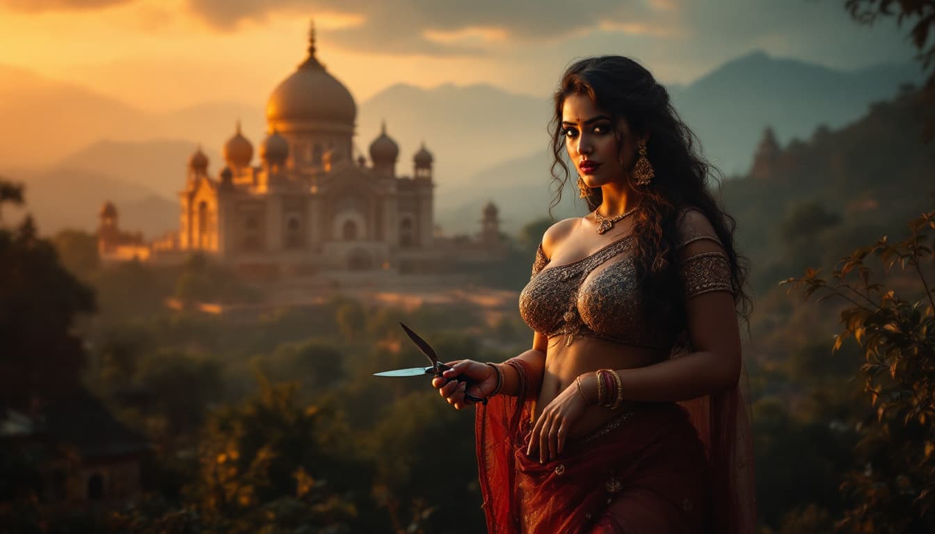 AI generated: An Indian sexy woman stands with a bold, attractive expression in a stylish hot pose with scissors i...