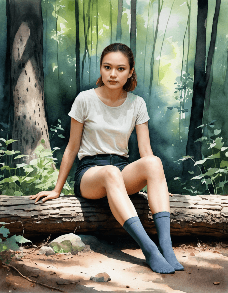 AI generated: Summertime,Serene minimalist watercolor painting. She's sitting peacefully in a wooded area with tig...
