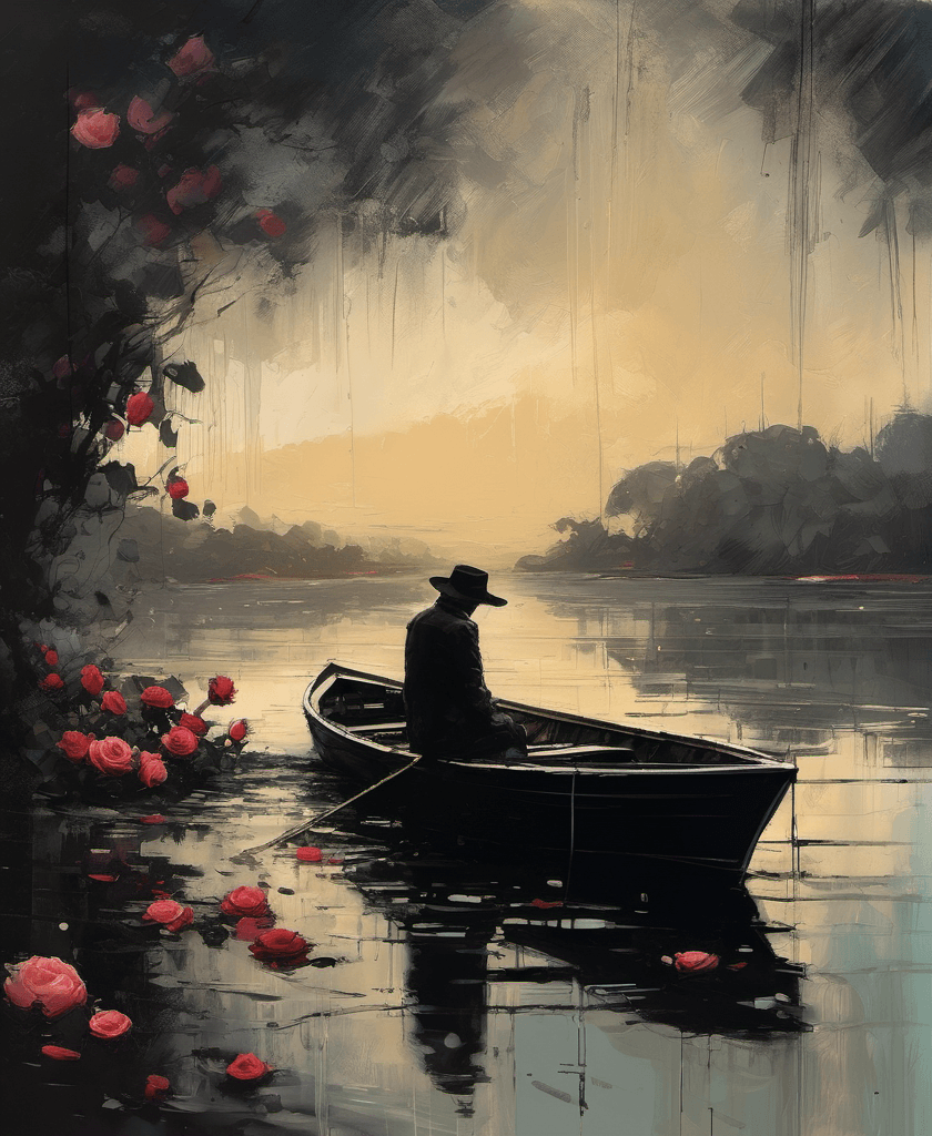 AI generated: There was a person I loved, boat, lake, dark tones, nostalgic, gloomy, roses, heartbreaking composit...