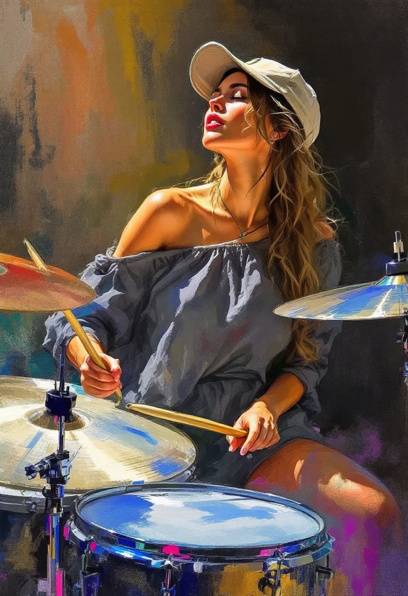 AI generated: Sketch Art, Beautiful Colored Pencil Line, Artistic Brush Strokes, Beautiful, Woman in Cap Playing D...