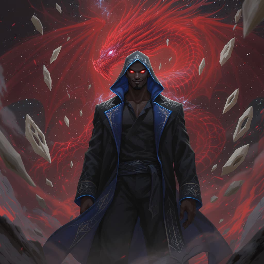 AI generated: An African American male, average height and build, standing calmly amid a fractured cosmic battlefi...